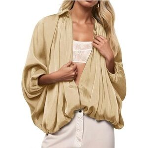 AEOM Satin Wrap Top Blouse Deep V-neck Cream Classic Career Formal Extra Large